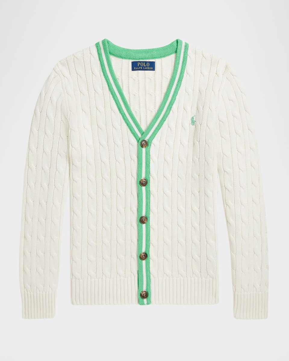 Boy's Cable Knit Cardigan W/ Embroidered Pony, Size S-L